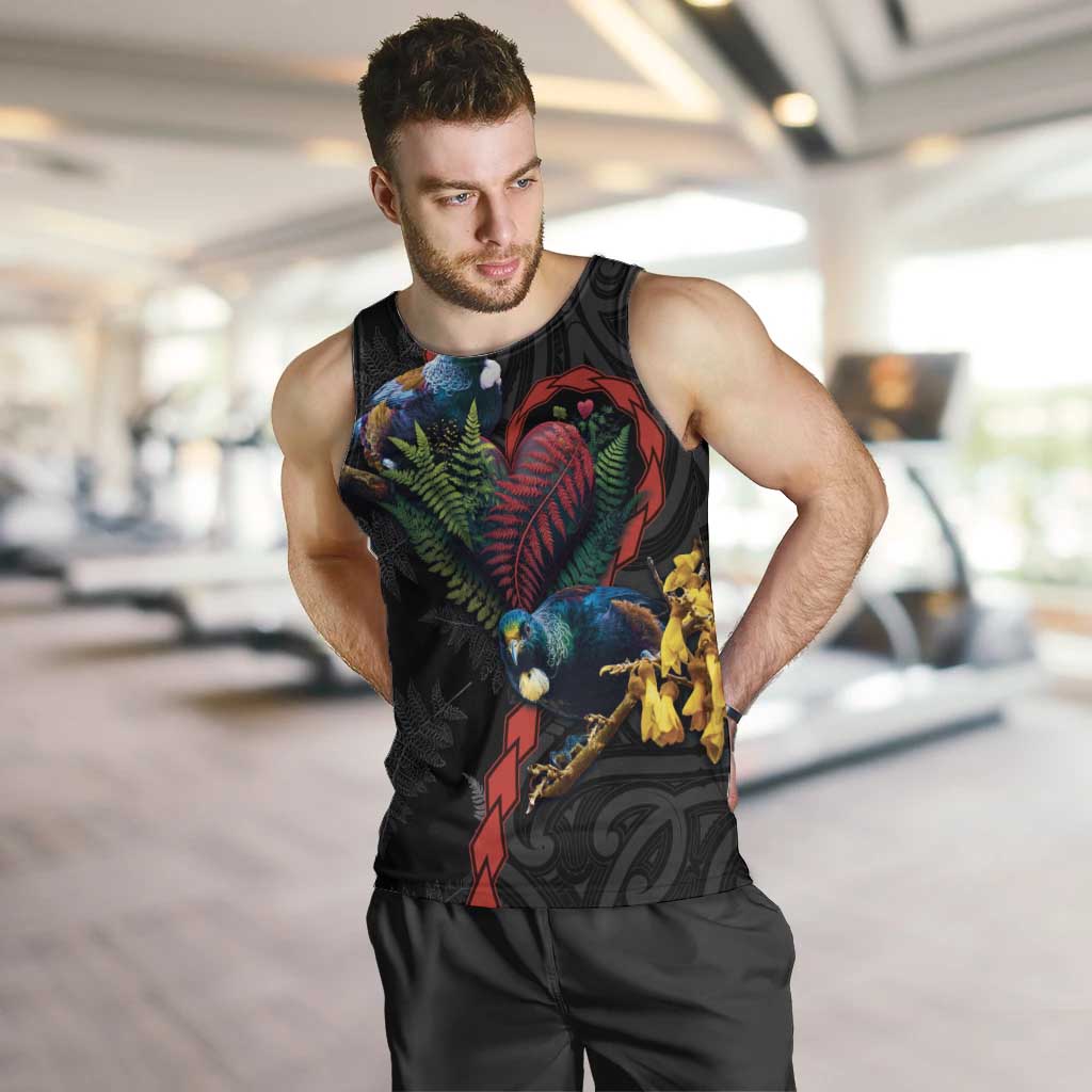 New Zealand Tui Birds Love Couple Men Tank Top The Heart of Silver Fern Leaves and Maori Tattoo Pattern LT03 Black - Polynesian Pride