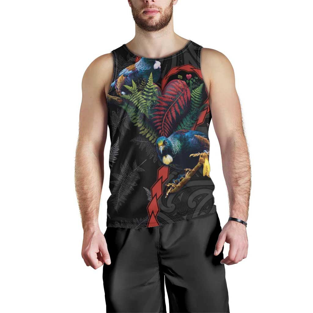 New Zealand Tui Birds Love Couple Men Tank Top The Heart of Silver Fern Leaves and Maori Tattoo Pattern LT03 - Polynesian Pride