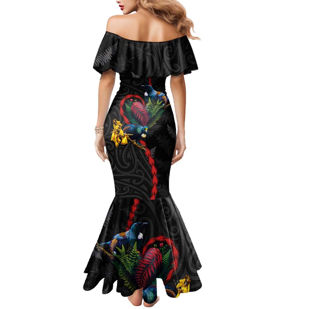 New Zealand Tui Birds Love Couple Mermaid Dress The Heart of Silver Fern Leaves and Maori Tattoo Pattern LT03 - Polynesian Pride