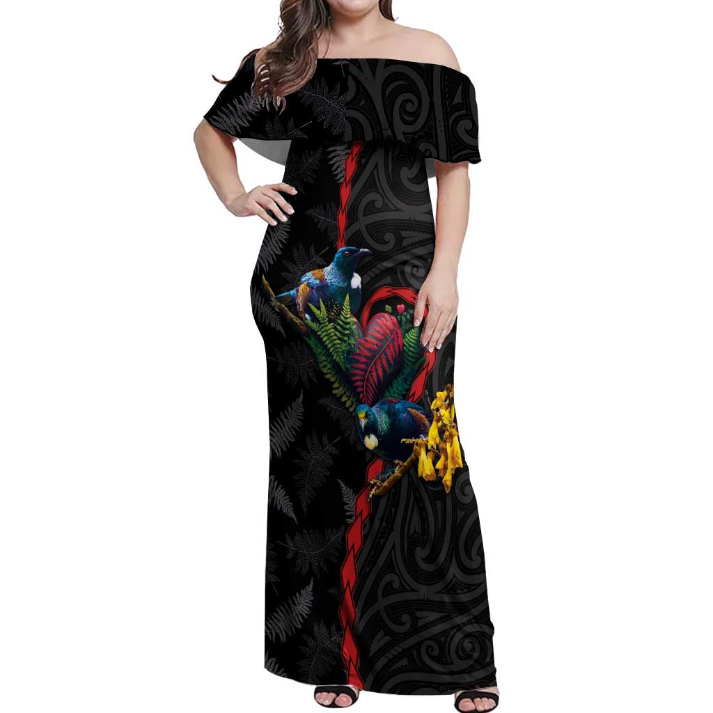 New Zealand Tui Birds Love Couple Off Shoulder Maxi Dress The Heart of Silver Fern Leaves and Maori Tattoo Pattern LT03 Women Black - Polynesian Pride