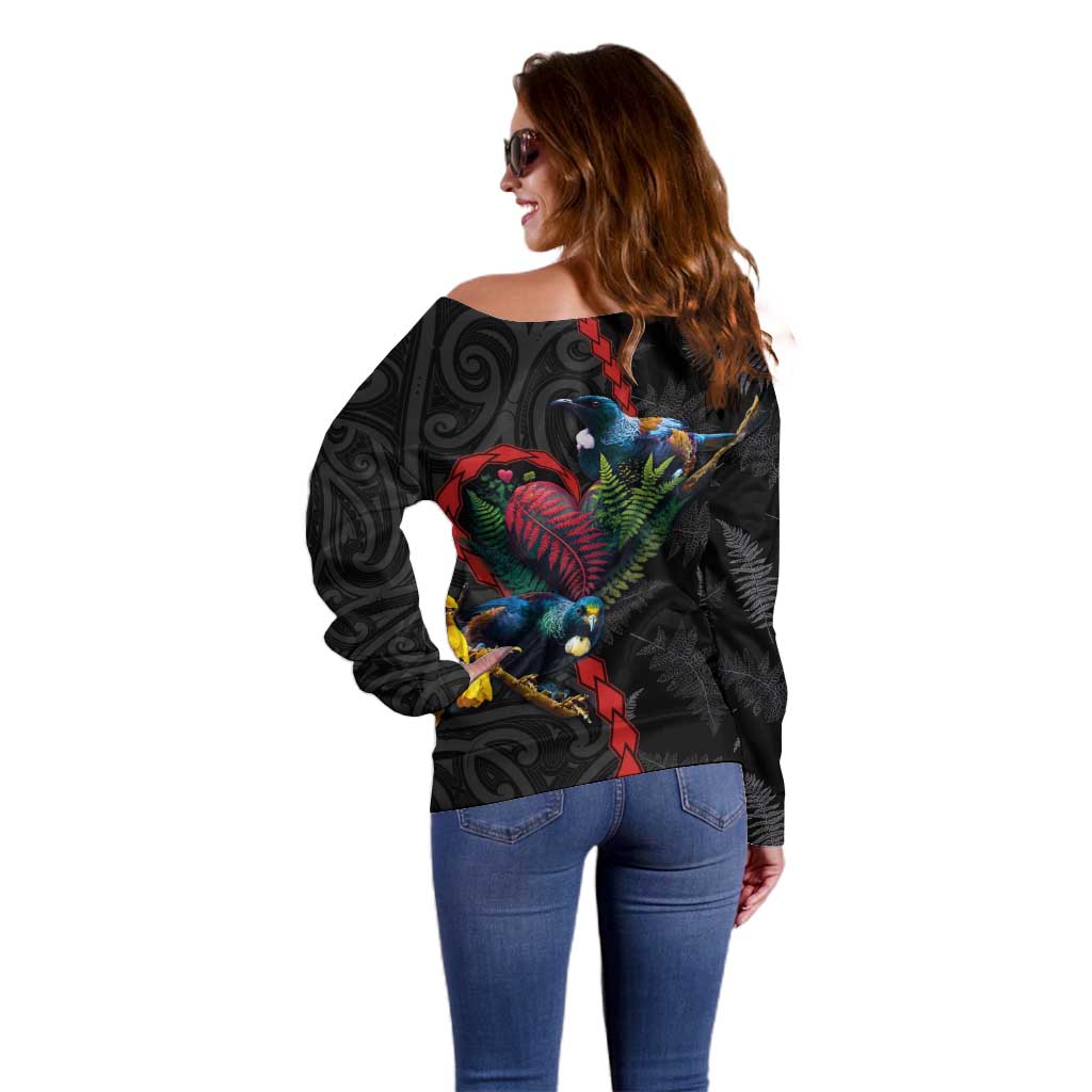 New Zealand Tui Birds Love Couple Off Shoulder Sweater The Heart of Silver Fern Leaves and Maori Tattoo Pattern LT03 - Polynesian Pride