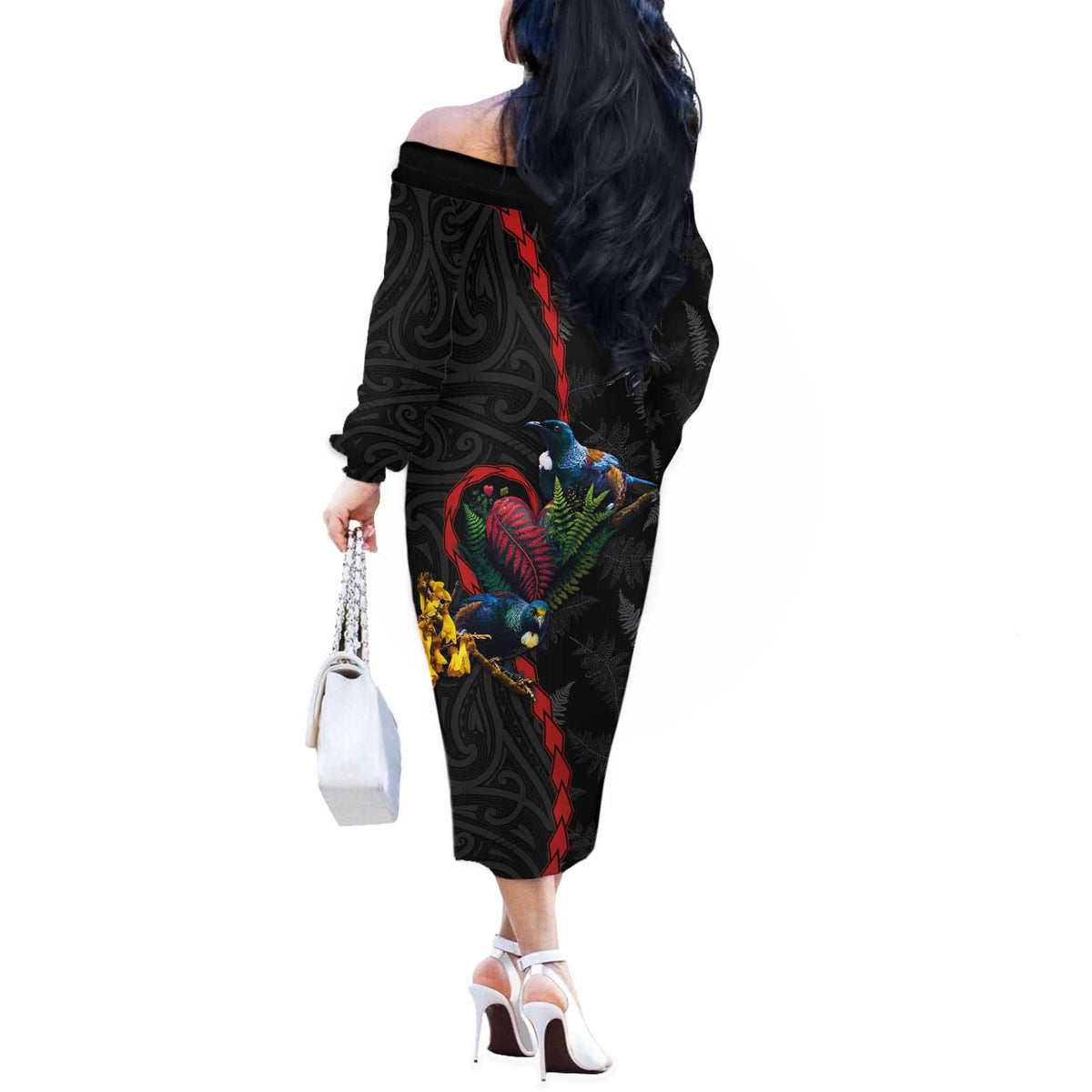 New Zealand Tui Birds Love Couple Off The Shoulder Long Sleeve Dress The Heart of Silver Fern Leaves and Maori Tattoo Pattern LT03 - Polynesian Pride