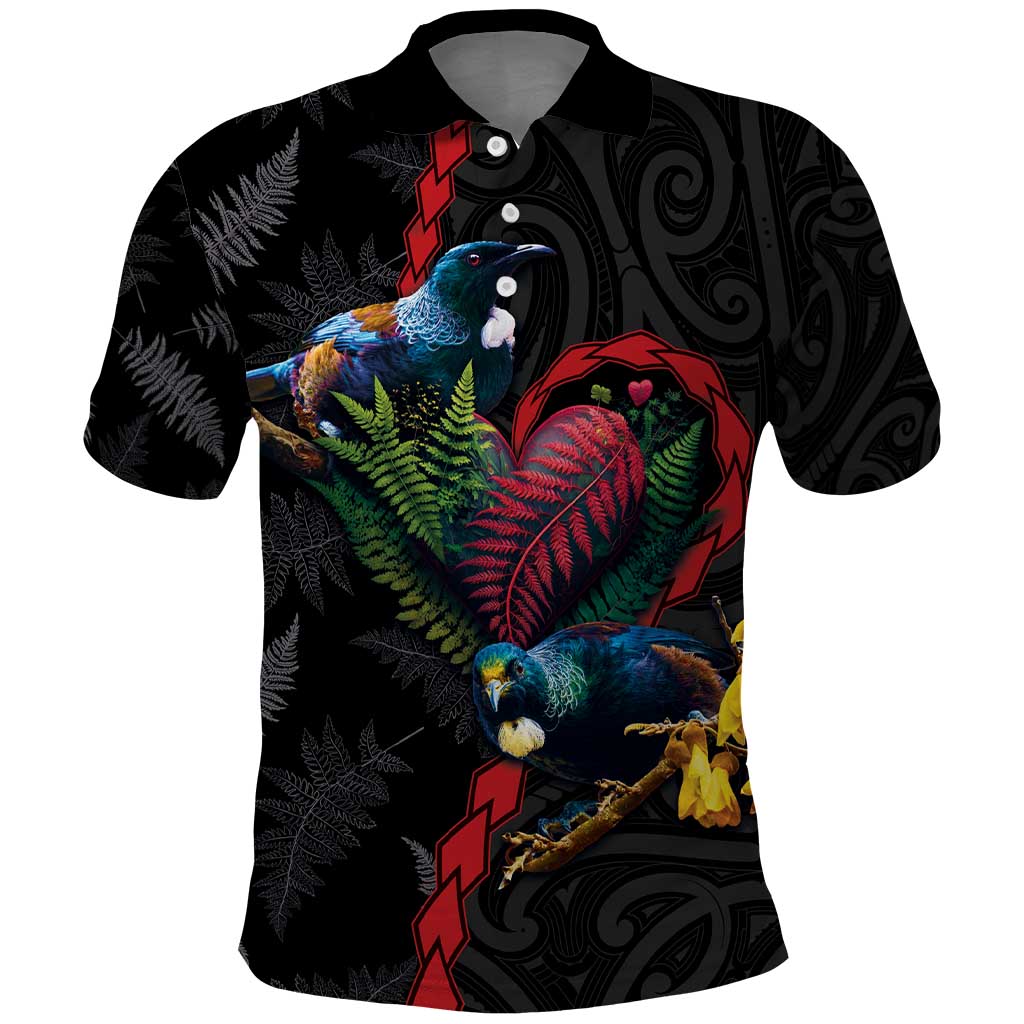 New Zealand Tui Birds Love Couple Polo Shirt The Heart of Silver Fern Leaves and Maori Tattoo Pattern LT03 Black - Polynesian Pride