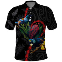 New Zealand Tui Birds Love Couple Polo Shirt The Heart of Silver Fern Leaves and Maori Tattoo Pattern LT03 Black - Polynesian Pride