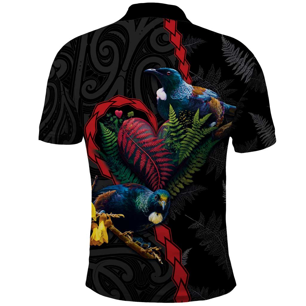 New Zealand Tui Birds Love Couple Polo Shirt The Heart of Silver Fern Leaves and Maori Tattoo Pattern LT03 - Polynesian Pride