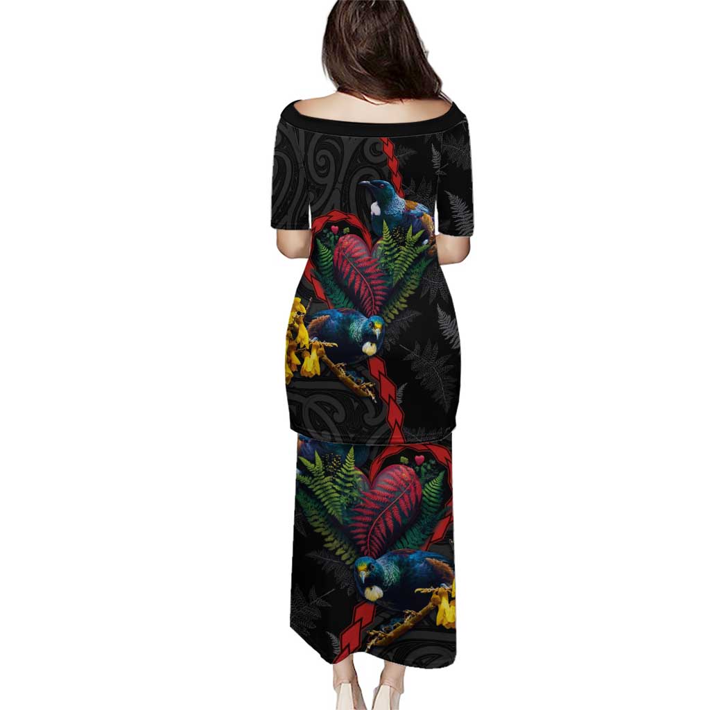 New Zealand Tui Birds Love Couple Puletasi The Heart of Silver Fern Leaves and Maori Tattoo Pattern LT03 - Polynesian Pride
