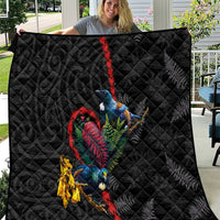 New Zealand Tui Birds Love Couple Quilt The Heart of Silver Fern Leaves and Maori Tattoo Pattern LT03 Black - Polynesian Pride