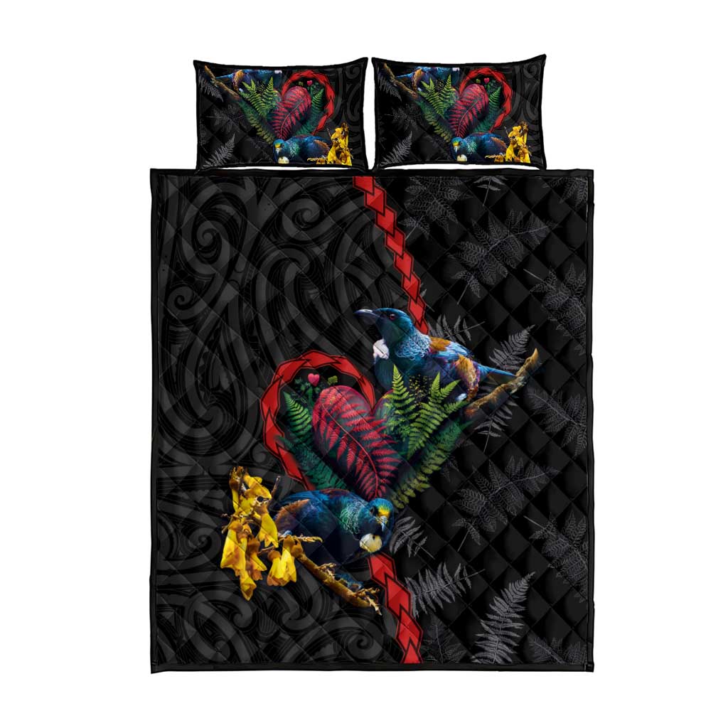 New Zealand Tui Birds Love Couple Quilt Bed Set The Heart of Silver Fern Leaves and Maori Tattoo Pattern LT03 - Polynesian Pride