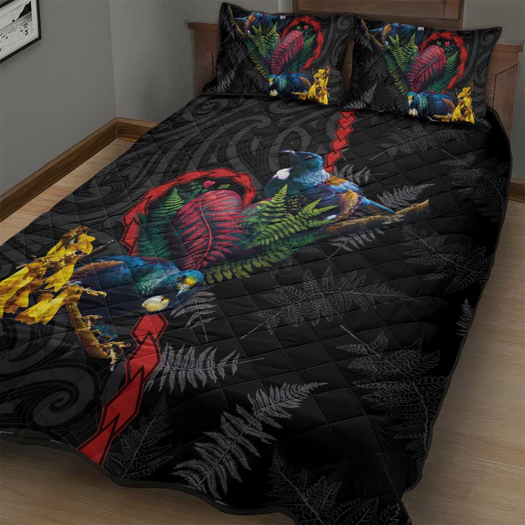New Zealand Tui Birds Love Couple Quilt Bed Set The Heart of Silver Fern Leaves and Maori Tattoo Pattern LT03 - Polynesian Pride