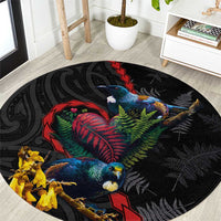 New Zealand Tui Birds Love Couple Round Carpet The Heart of Silver Fern Leaves and Maori Tattoo Pattern LT03 Black - Polynesian Pride