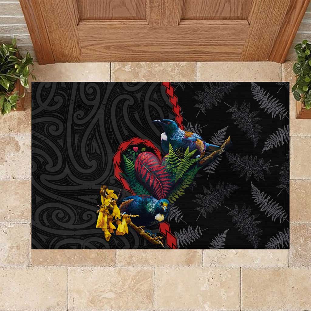 New Zealand Tui Birds Love Couple Rubber Doormat The Heart of Silver Fern Leaves and Maori Tattoo Pattern