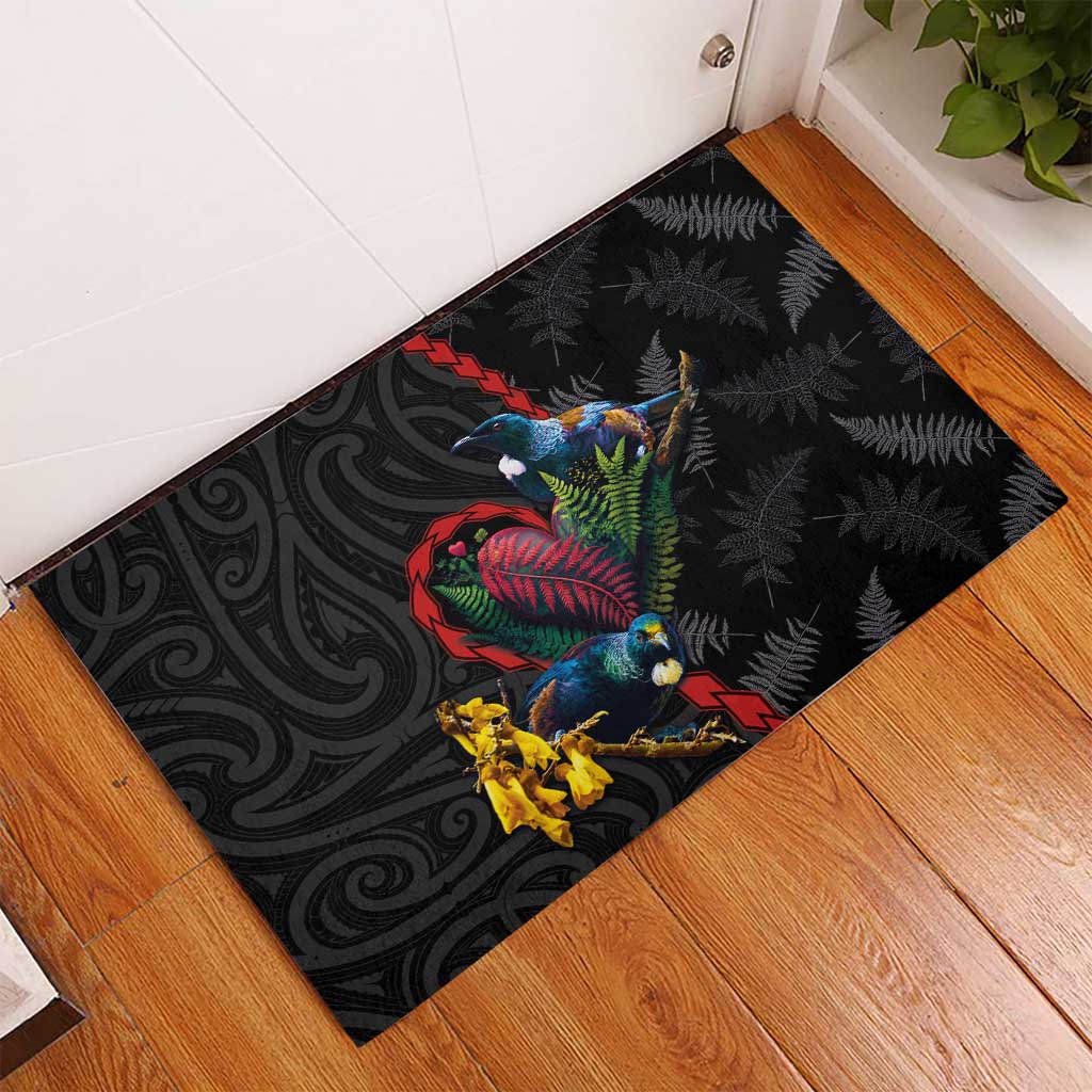New Zealand Tui Birds Love Couple Rubber Doormat The Heart of Silver Fern Leaves and Maori Tattoo Pattern LT03 - Polynesian Pride