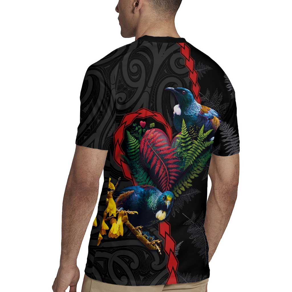 New Zealand Tui Birds Love Couple Rugby Jersey The Heart of Silver Fern Leaves and Maori Tattoo Pattern LT03 - Polynesian Pride