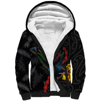 New Zealand Tui Birds Love Couple Sherpa Hoodie The Heart of Silver Fern Leaves and Maori Tattoo Pattern LT03 Unisex Black - Polynesian Pride