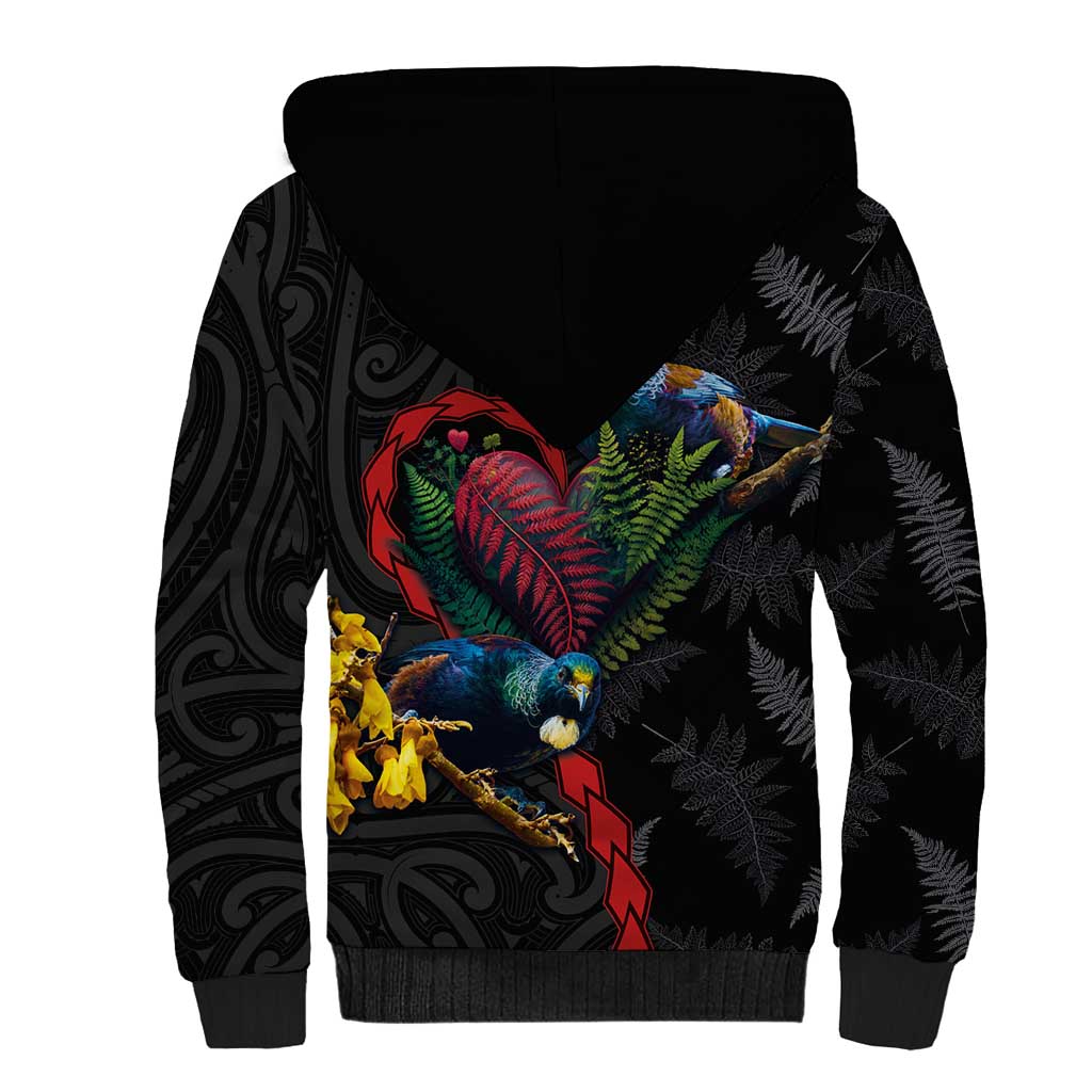 New Zealand Tui Birds Love Couple Sherpa Hoodie The Heart of Silver Fern Leaves and Maori Tattoo Pattern LT03 - Polynesian Pride