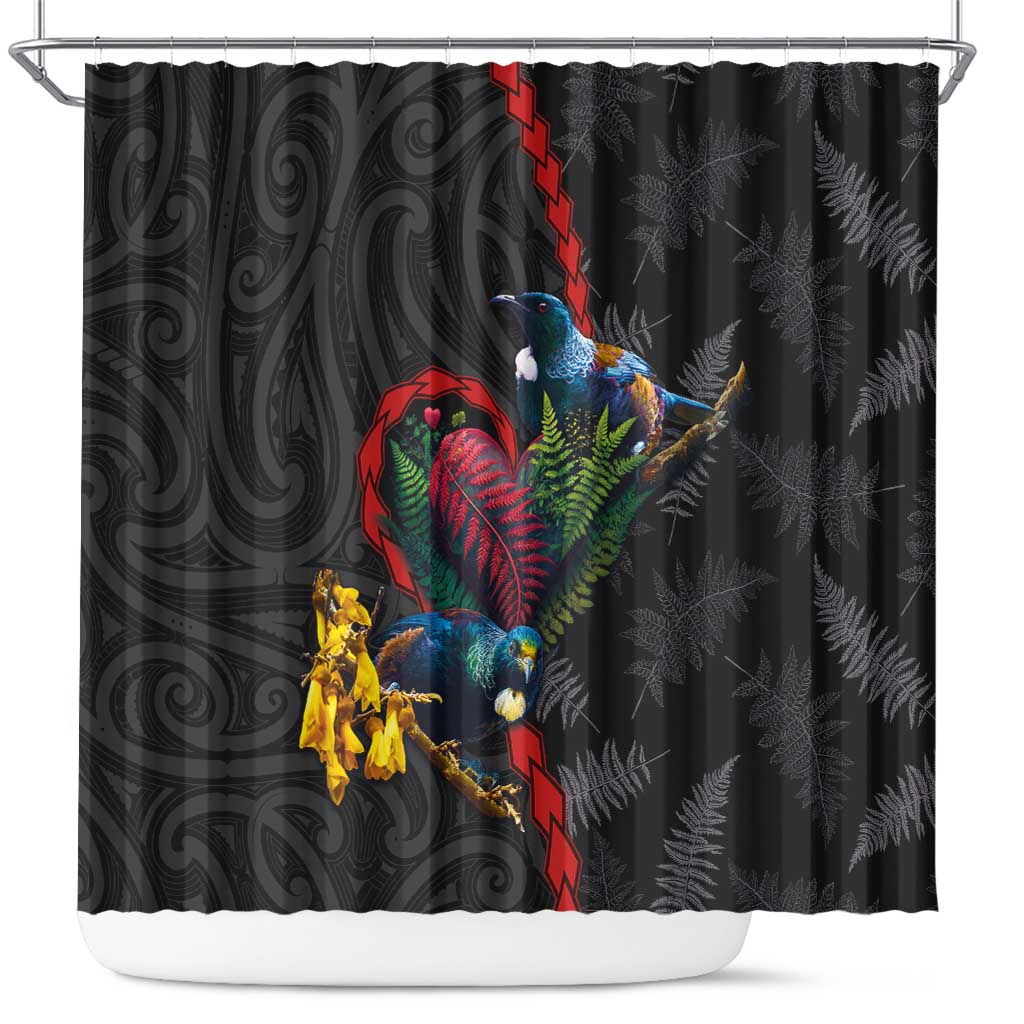 New Zealand Tui Birds Love Couple Shower Curtain The Heart of Silver Fern Leaves and Maori Tattoo Pattern LT03 Black - Polynesian Pride