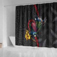 New Zealand Tui Birds Love Couple Shower Curtain The Heart of Silver Fern Leaves and Maori Tattoo Pattern LT03 - Polynesian Pride
