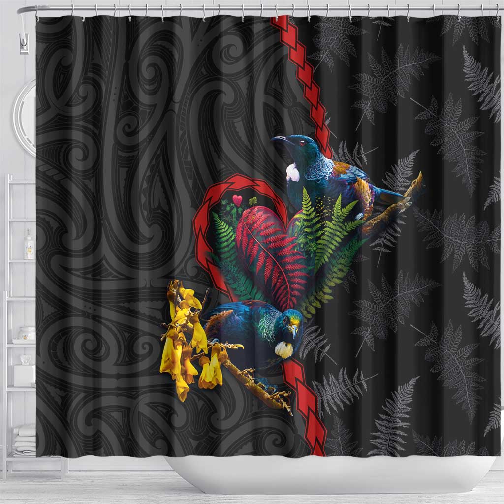 New Zealand Tui Birds Love Couple Shower Curtain The Heart of Silver Fern Leaves and Maori Tattoo Pattern LT03 - Polynesian Pride