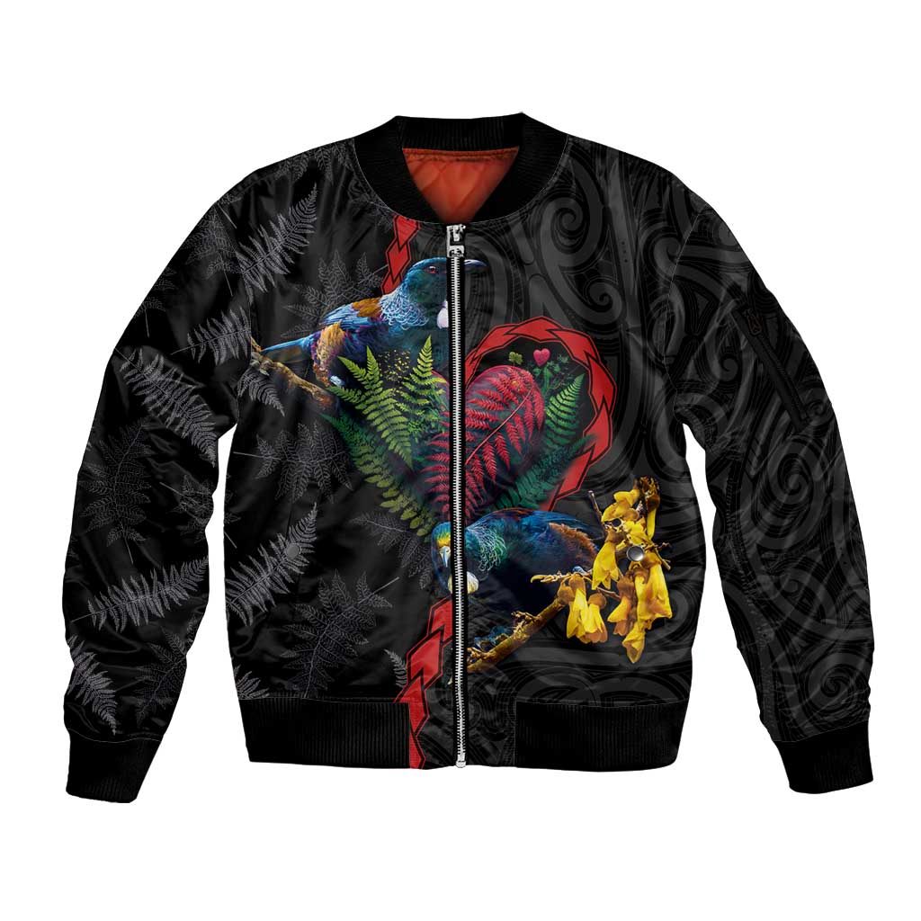 New Zealand Tui Birds Love Couple Sleeve Zip Bomber Jacket The Heart of Silver Fern Leaves and Maori Tattoo Pattern LT03 Unisex Black - Polynesian Pride