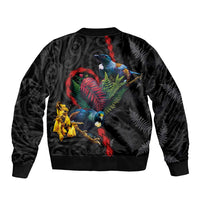 New Zealand Tui Birds Love Couple Sleeve Zip Bomber Jacket The Heart of Silver Fern Leaves and Maori Tattoo Pattern LT03 - Polynesian Pride