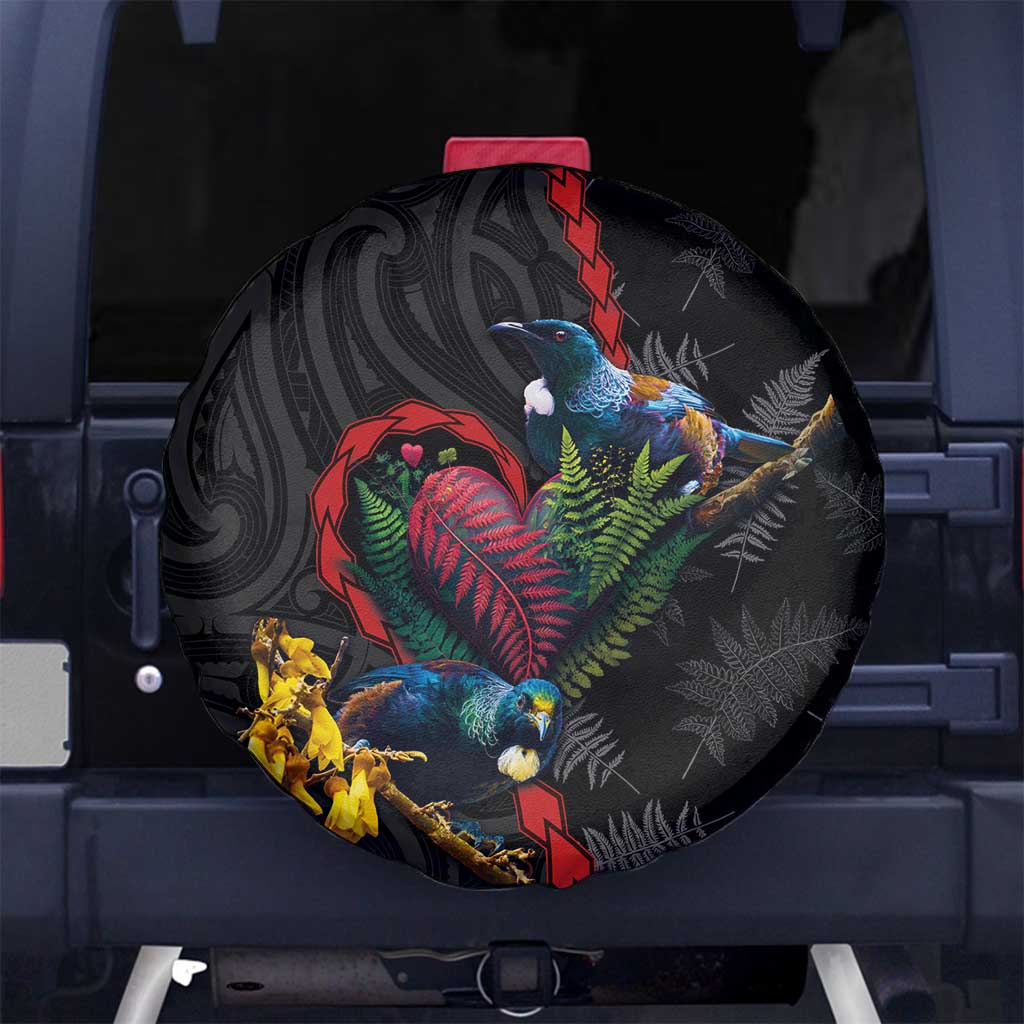 New Zealand Tui Birds Love Couple Spare Tire Cover The Heart of Silver Fern Leaves and Maori Tattoo Pattern LT03 - Polynesian Pride