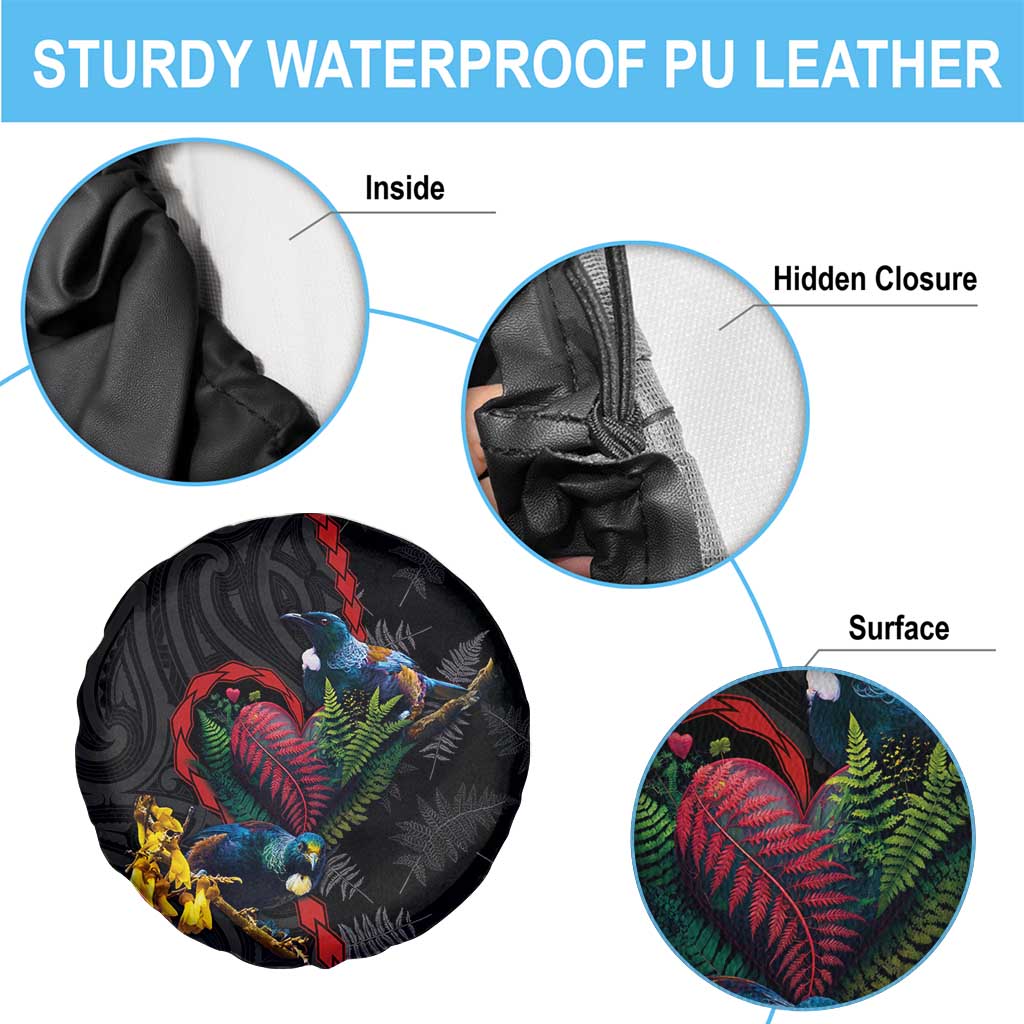 New Zealand Tui Birds Love Couple Spare Tire Cover The Heart of Silver Fern Leaves and Maori Tattoo Pattern LT03 - Polynesian Pride