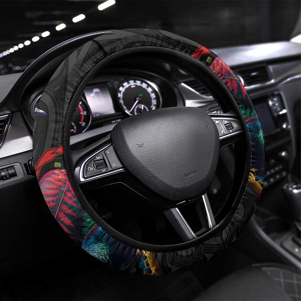 New Zealand Tui Birds Love Couple Steering Wheel Cover The Heart of Silver Fern Leaves and Maori Tattoo Pattern LT03 Universal Fit Black - Polynesian Pride