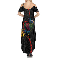 New Zealand Tui Birds Love Couple Summer Maxi Dress The Heart of Silver Fern Leaves and Maori Tattoo Pattern