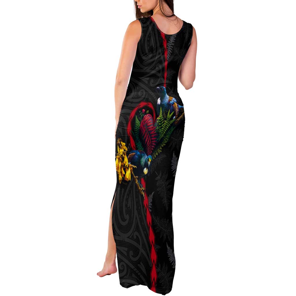 New Zealand Tui Birds Love Couple Tank Maxi Dress The Heart of Silver Fern Leaves and Maori Tattoo Pattern LT03 - Polynesian Pride