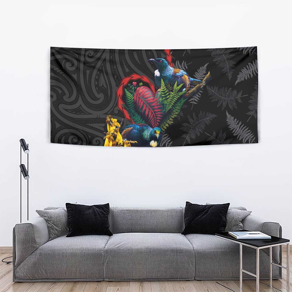 New Zealand Tui Birds Love Couple Tapestry The Heart of Silver Fern Leaves and Maori Tattoo Pattern LT03 - Polynesian Pride
