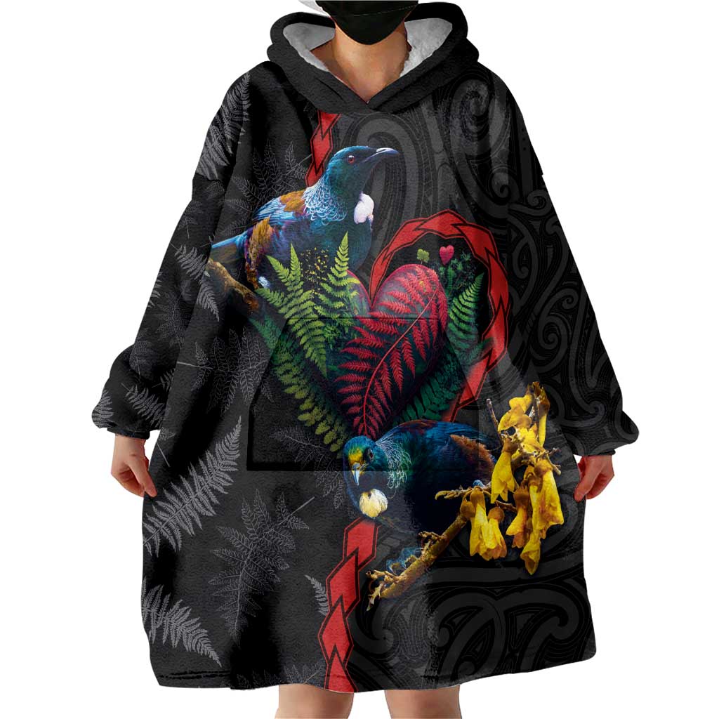 New Zealand Tui Birds Love Couple Wearable Blanket Hoodie The Heart of Silver Fern Leaves and Maori Tattoo Pattern LT03 - Polynesian Pride