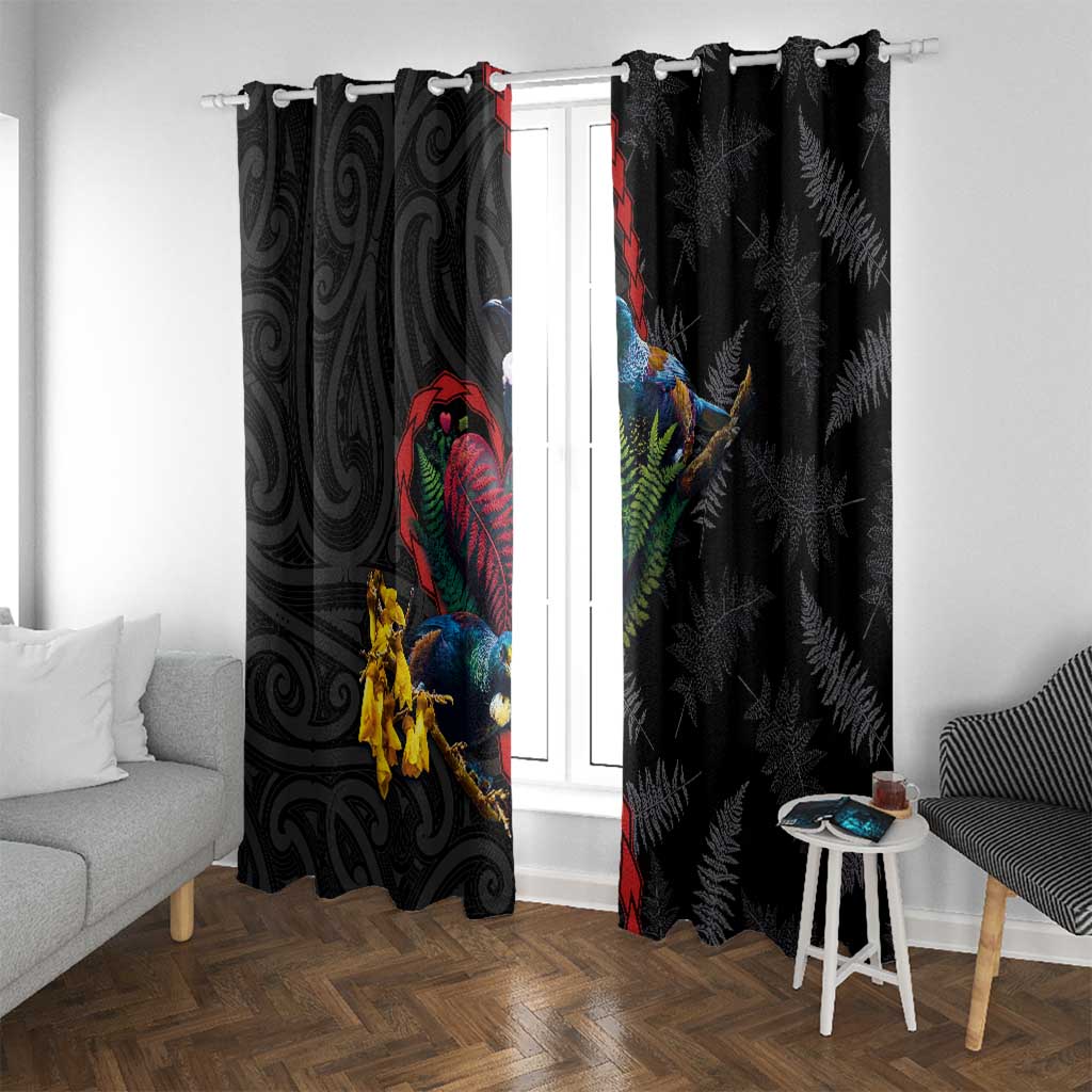 New Zealand Tui Birds Love Couple Window Curtain The Heart of Silver Fern Leaves and Maori Tattoo Pattern LT03 With Grommets Black - Polynesian Pride
