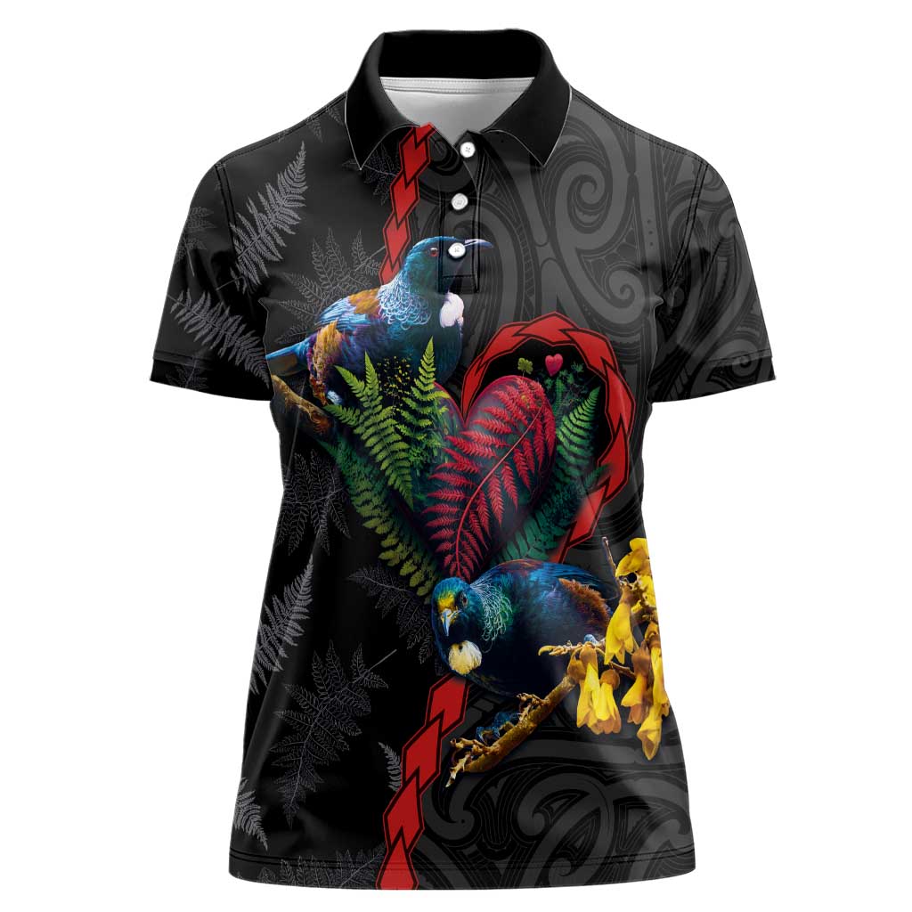 New Zealand Tui Birds Love Couple Women Polo Shirt The Heart of Silver Fern Leaves and Maori Tattoo Pattern LT03 Female Black - Polynesian Pride