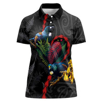 New Zealand Tui Birds Love Couple Women Polo Shirt The Heart of Silver Fern Leaves and Maori Tattoo Pattern LT03 Female Black - Polynesian Pride