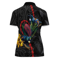 New Zealand Tui Birds Love Couple Women Polo Shirt The Heart of Silver Fern Leaves and Maori Tattoo Pattern LT03 - Polynesian Pride