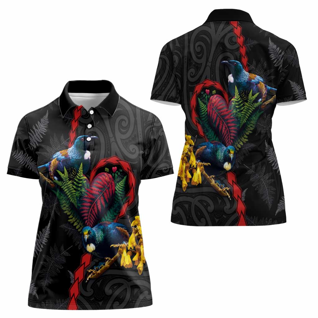 New Zealand Tui Birds Love Couple Women Polo Shirt The Heart of Silver Fern Leaves and Maori Tattoo Pattern LT03 - Polynesian Pride