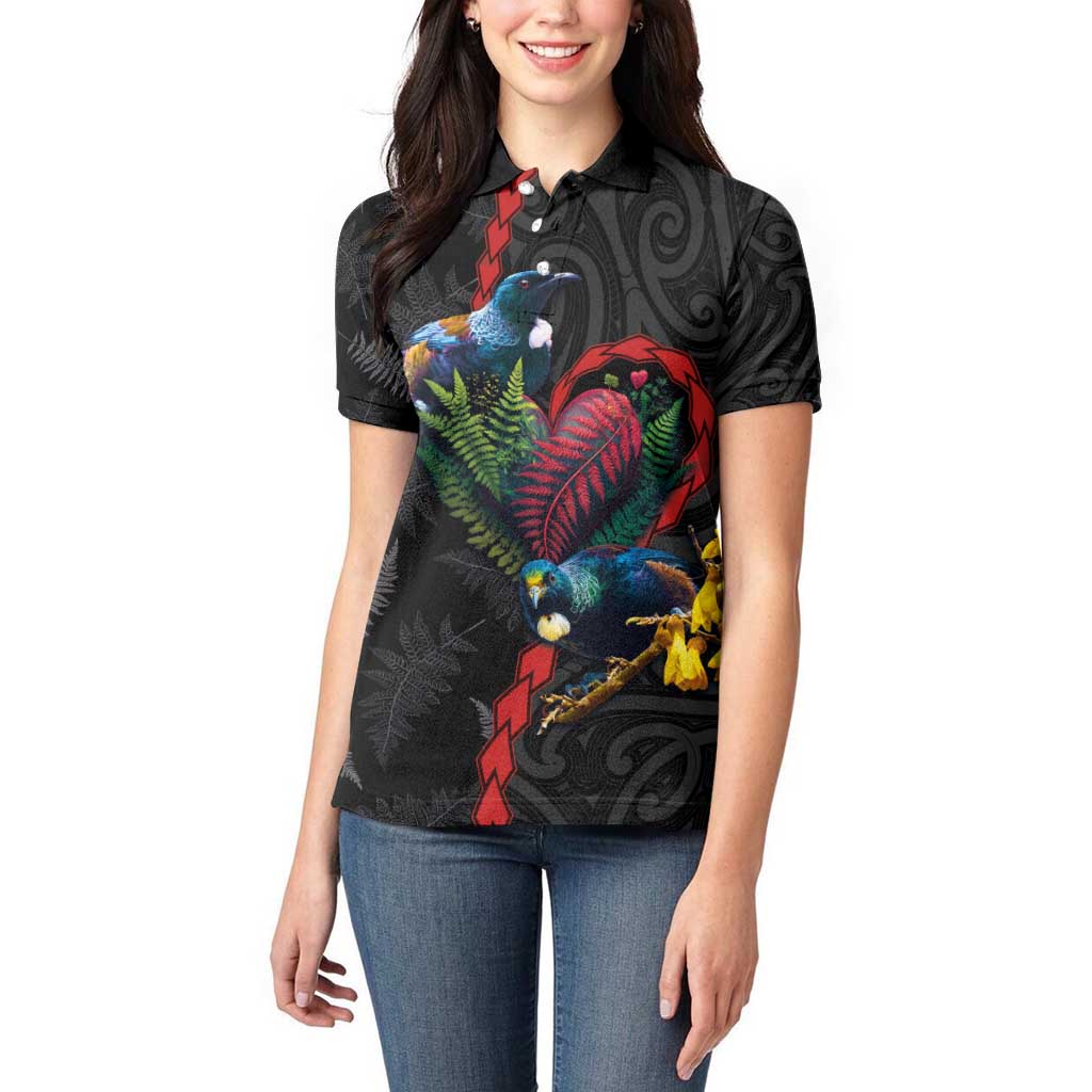New Zealand Tui Birds Love Couple Women Polo Shirt The Heart of Silver Fern Leaves and Maori Tattoo Pattern LT03 - Polynesian Pride