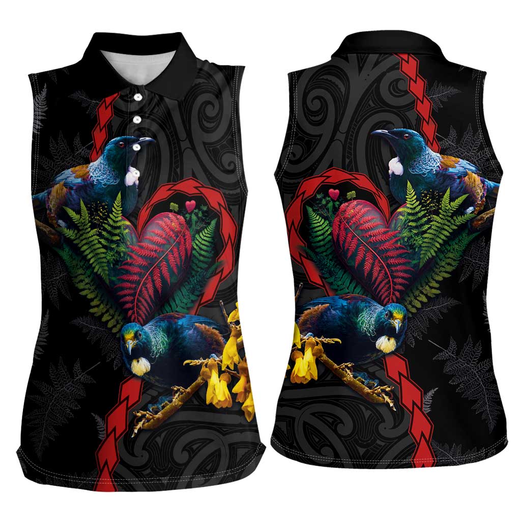 New Zealand Tui Birds Love Couple Women Sleeveless Polo Shirt The Heart of Silver Fern Leaves and Maori Tattoo Pattern LT03 - Polynesian Pride