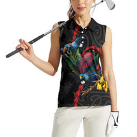 New Zealand Tui Birds Love Couple Women Sleeveless Polo Shirt The Heart of Silver Fern Leaves and Maori Tattoo Pattern LT03 - Polynesian Pride