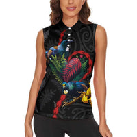 New Zealand Tui Birds Love Couple Women Sleeveless Polo Shirt The Heart of Silver Fern Leaves and Maori Tattoo Pattern LT03 - Polynesian Pride