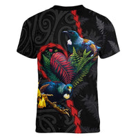 New Zealand Tui Birds Love Couple Women V-Neck T-Shirt The Heart of Silver Fern Leaves and Maori Tattoo Pattern LT03 - Polynesian Pride