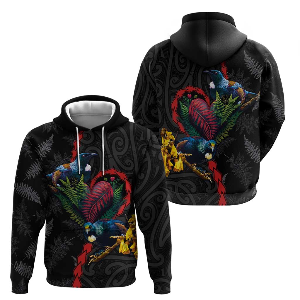 New Zealand Tui Birds Love Couple Zip Hoodie The Heart of Silver Fern Leaves and Maori Tattoo Pattern LT03 - Polynesian Pride