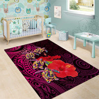 Pasifika Festival Area Rug Plumeria Turtles with Hibiscus - Polynesian Art Tattoo Pink Color LT03 - Polynesian Pride