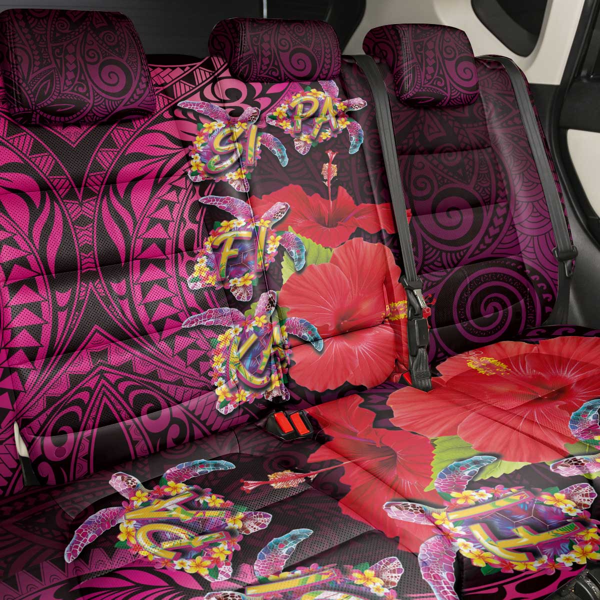 Pasifika Festival Back Car Seat Cover Plumeria Turtles with Hibiscus - Polynesian Art Tattoo Pink Color LT03 - Polynesian Pride