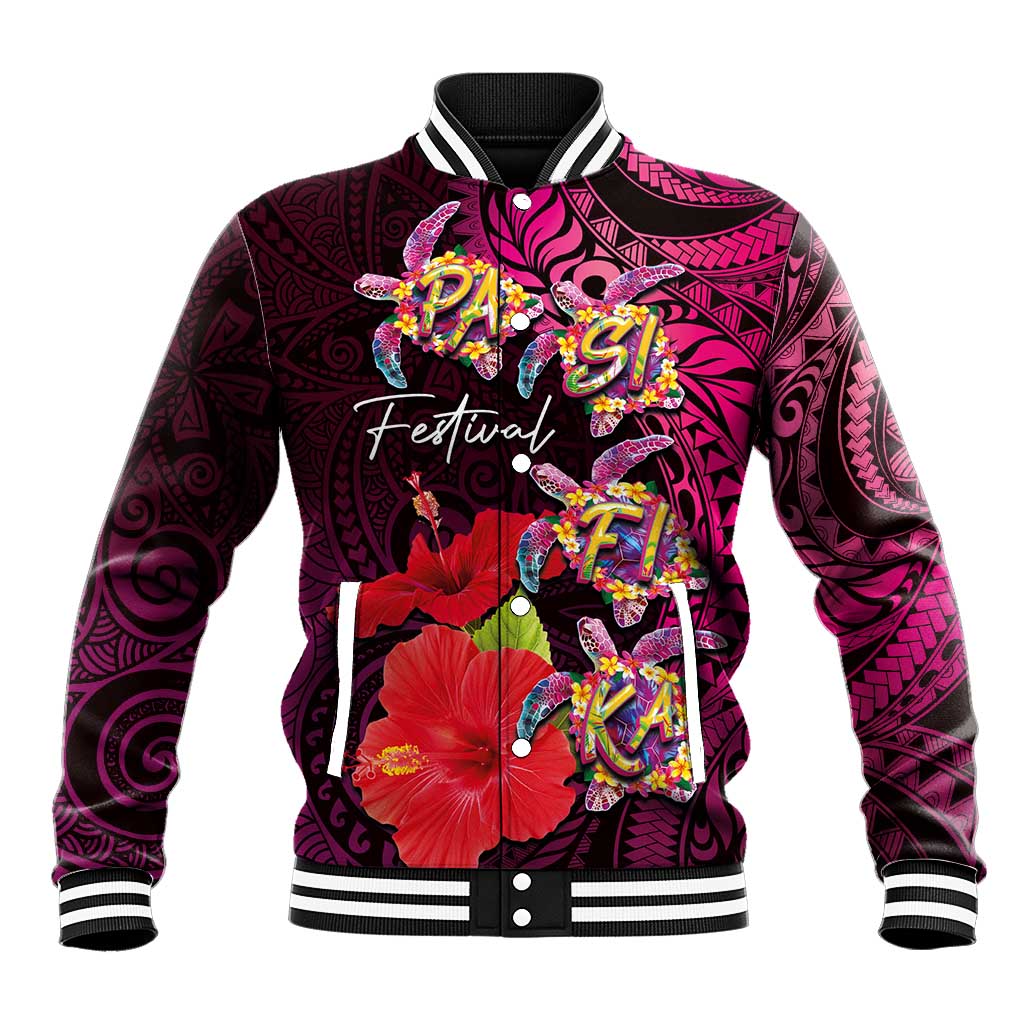 Pasifika Festival Baseball Jacket Plumeria Turtles with Hibiscus - Polynesian Art Tattoo Pink Color LT03 Unisex Pink - Polynesian Pride