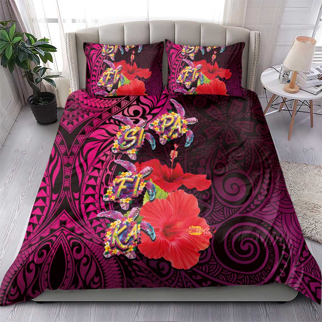 Pasifika Festival Bedding Set Plumeria Turtles with Hibiscus - Polynesian Art Tattoo Pink Color LT03 - Polynesian Pride