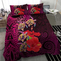 Pasifika Festival Bedding Set Plumeria Turtles with Hibiscus - Polynesian Art Tattoo Pink Color LT03 - Polynesian Pride