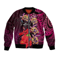 Pasifika Festival Bomber Jacket Plumeria Turtles with Hibiscus - Polynesian Art Tattoo Pink Color LT03 Unisex Pink - Polynesian Pride