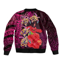Pasifika Festival Bomber Jacket Plumeria Turtles with Hibiscus - Polynesian Art Tattoo Pink Color LT03 - Polynesian Pride