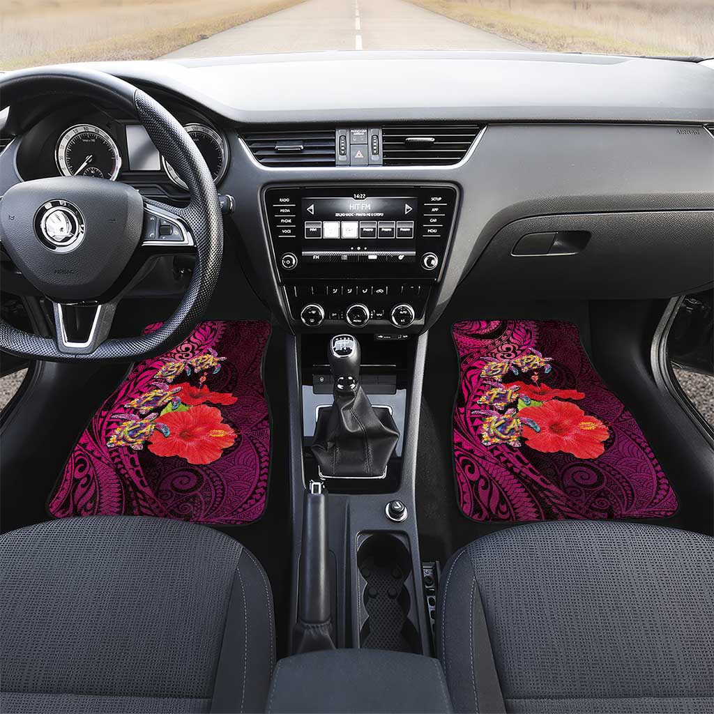Pasifika Festival Car Mats Plumeria Turtles with Hibiscus - Polynesian Art Tattoo Pink Color LT03 Set 2pcs - Front Pink - Polynesian Pride